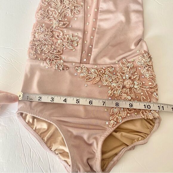 Custom solo custom dance costume leotard blush mauve rhinestone MC med child - Picture 13 of 14